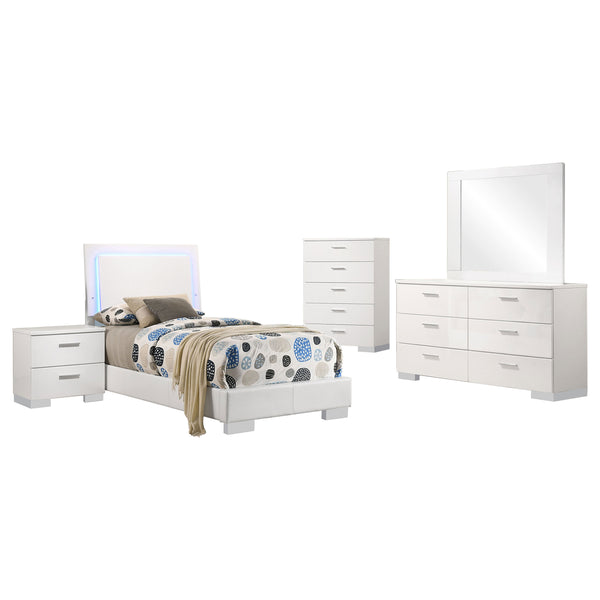 English Elm Dulcey White High Gloss 5-Piece Twin Bedroom Set With Led Lighting And Ample Storage Solutions B062S01338