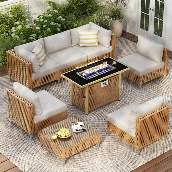English Elm K&K 8-Piece Patio Conversation Set with 43" 60,000 BTU Propane Fire Pit, UV Wicker & Thick Cushions Beige,Orange N707S000012Z