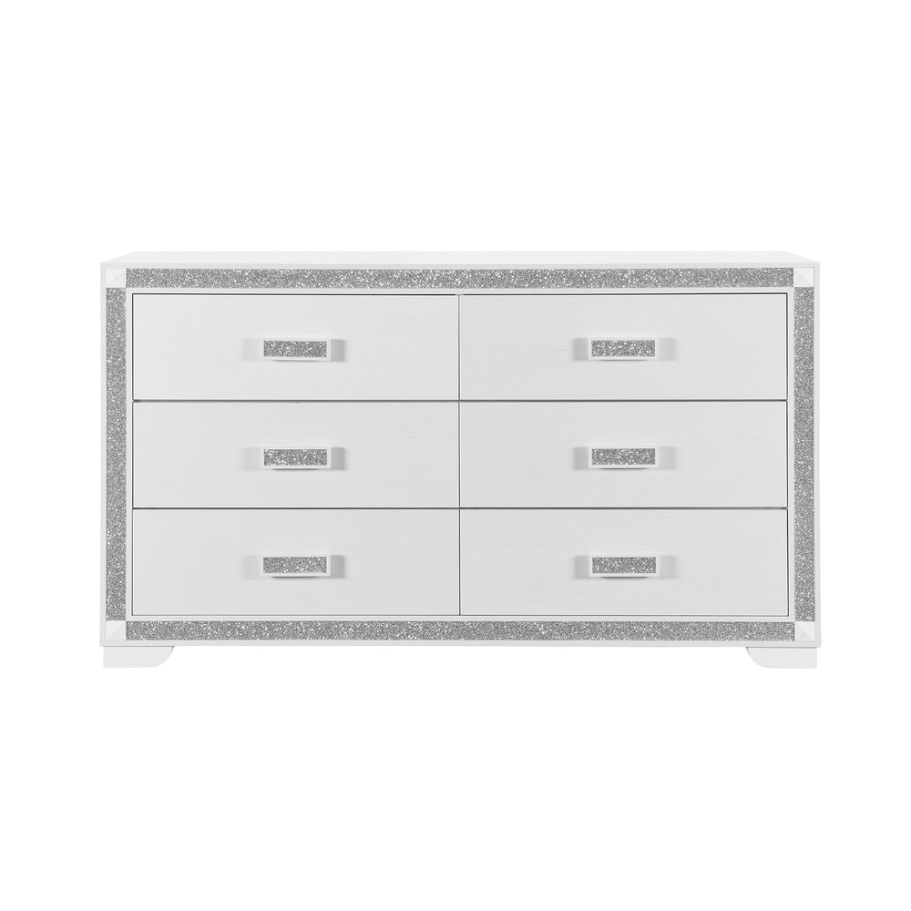 English Elm Soulmarie Glitter Chest with Spacious Drawers and Curved Legs in Solid Wood and MDF, Sturdy Build White 65.94 L x 20.28 W x 37.99 H B201P410797
