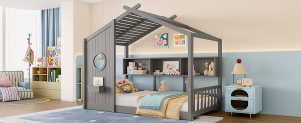 English Elm Twin House Floor Bed for Kids Montessori Playhouse with Roof, Built-In Shelf, Sturdy Pine Frame, Safeologna Gray 78.6 L x 16.6 W x 6.85 H N733P335064E