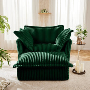English Elm Upholstered Slipcovered Armchair Set With Wide Ottoman, Deep Cushions In Green Corduroy Fabric W3041S00077-GIGA