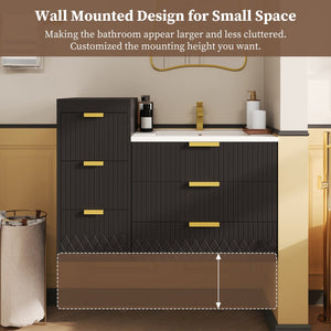 English Elm 24inch Bathroom Vanity with Sink - Wall-Mounted Floating Combo with Ceramic Basin, Modern L-Handle Design Black N710S324097B
