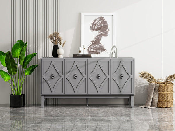 English Elm 4 Door Sideboard Buffet with Hand Carved Geometric Panels Black Oak Finish Raised Legs W688P359831