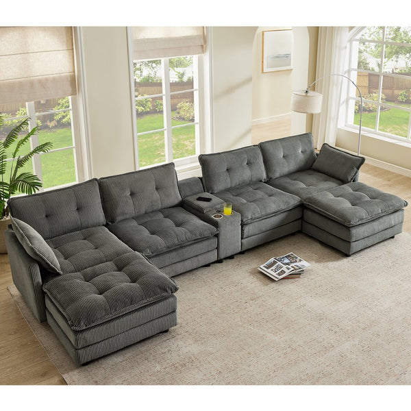 English Elm 154" Corduroy U-shaped Sectional with Ottomans Six Seat Modular Cloud Sofa Usb Console Grey W1998S00103