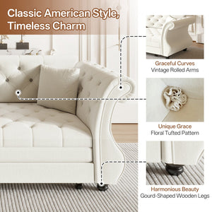 English Elm 83.8" Chesterfield Sleeper Sofa Velvet Upholstered with Flower Tufting for Living Room Beige White W1885S00400