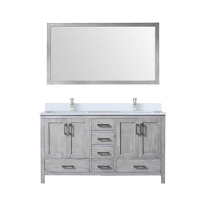 English Elm Distressed Grey Double Bath Vanity with Cultured Marble Top, Faucet & 58" Mirror — Durable Scratch-Resistant Surface, Monte Chrome Faucet (60" W x 22" D) B2731S01020