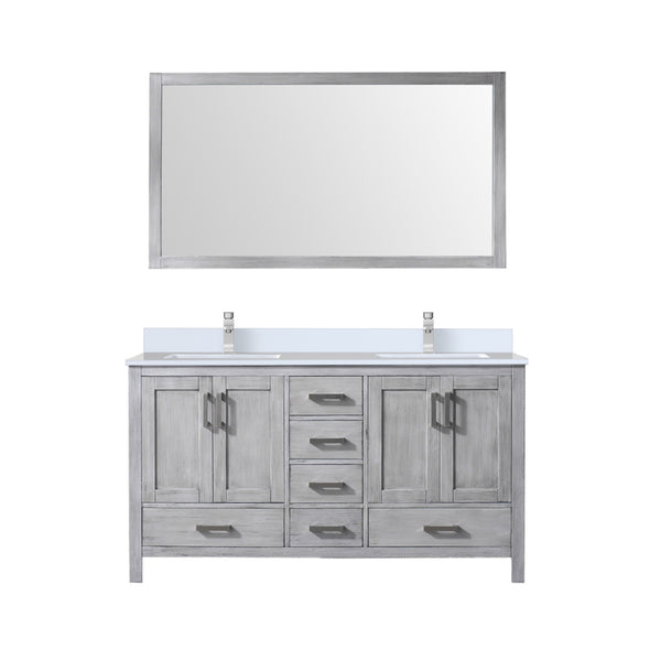 English Elm Distressed Grey Double Bath Vanity with Cultured Marble Top, Faucet & 58" Mirror — Durable Scratch-Resistant Surface, Monte Chrome Faucet (60" W x 22" D) B2731S01020