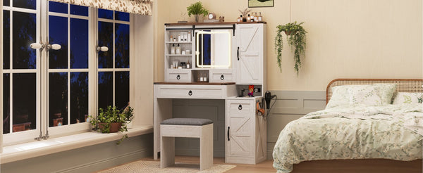 English Elm Farmhouse LED Vanity Desk with Sliding Mirror, Glass Top Storage, Built-In Charging Station & Stool White 37 L x 18.5 W x 13 H N733P340562K