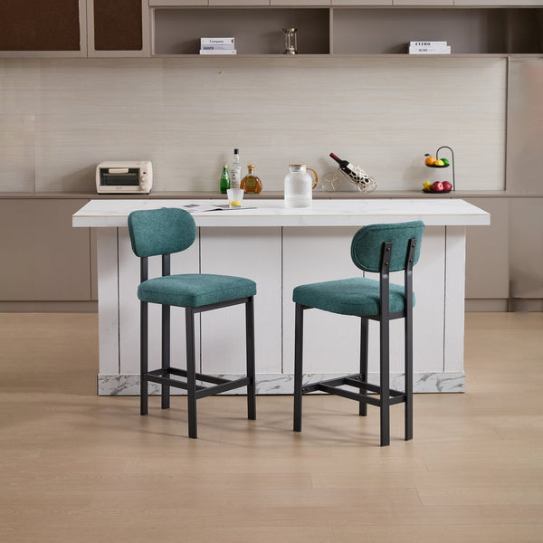 English Elm Bar Stools Set of 2 Upholstered Fabric Seat with Foam Cushion Black Metal Legs W3244P310204