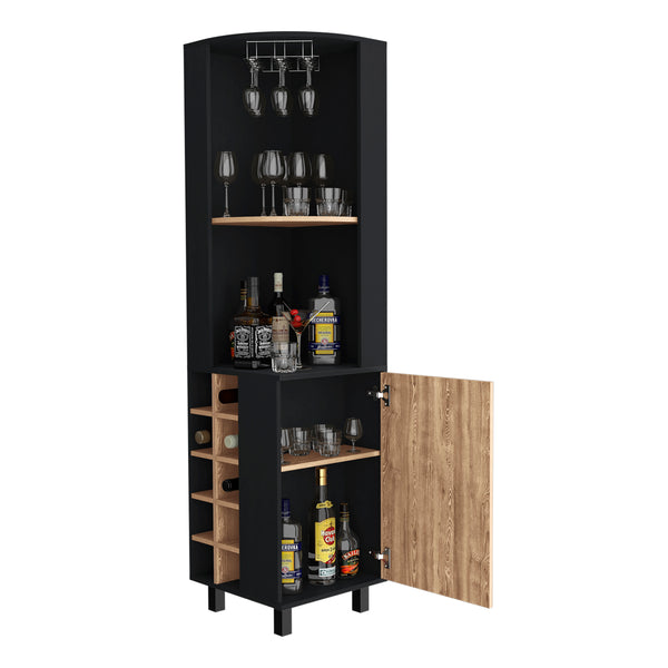 English Elm Kaia 70" Tall Corner Bar Cabinet with 4 Shelves, 10 Wine Cubbies & Stemware Storage in Black Pine B070S00307