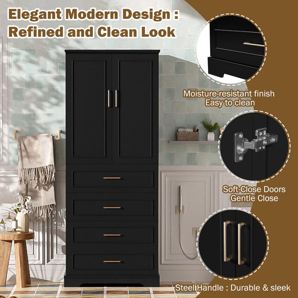 English Elm 72.2'' Tall Freestanding Bathroom Cabinet with 3 Drawers, Adjustable Shelf, Soft-Close Doors, Modern Elegant Design Black N729P296769B
