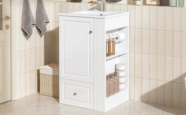 English Elm 20" Freestanding Bathroom Vanity Mdf Cabinet Ceramic Sink Open Shelves Powder Room White N725P364210K