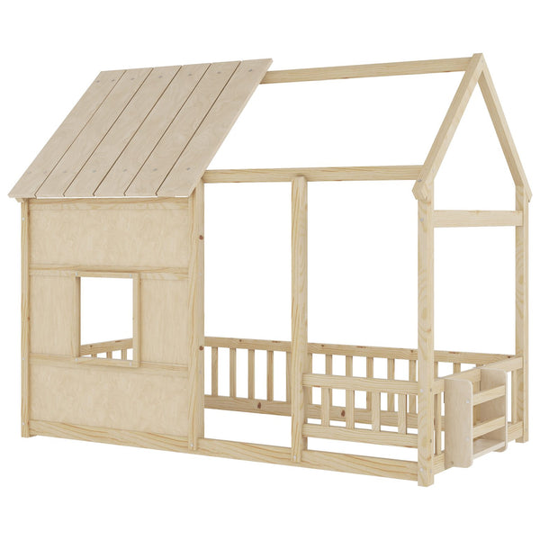 English Elm Twin House Frame Floor Bed Pinewood Build with Led Roofline Kids Bedroom Natural W697P435882