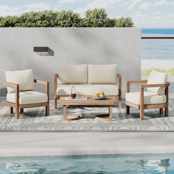 English Elm Christopher Knight Home® - 4-Pieces Acacia Wood Patio Set with Plush Beige Cushions, Coffee Table, Durable Outdoor Seating (97) N780P7230307