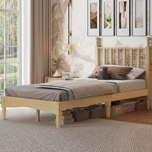 English Elm Twin Rubberwood Platform Bed Gourd Headboard Retro Bohemian Bedroom Slat Base Natural N733P427029M