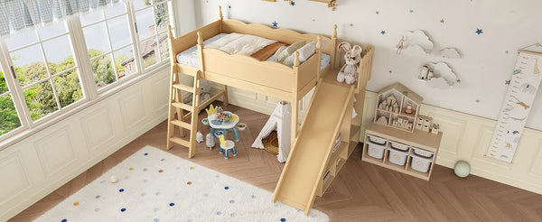 English Elm Twin Loft Bed Solid Pine Frame with Wardrobe Shelving Detachable Slide Kids Room Natural W5305S00017