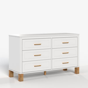 English Elm 6-drawer Double Dresser Solid Wood Legs Mid-century Modern Bedroom Storage Cabinet White W1445S00007