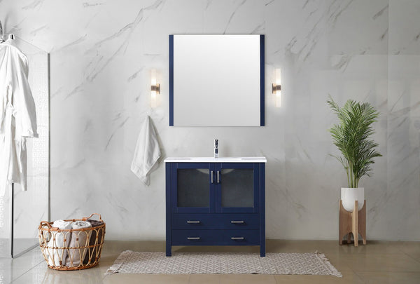 English Elm Navy Blue Bath Vanity Set With White Ceramic Top, Soft-Close Storage & Matching 34" Mirror Included B2731S00727