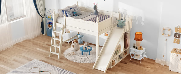 English Elm Twin Loft Bed Solid Pine Frame with Wardrobe Shelving Detachable Slide Kids Room Beige W5305S00023