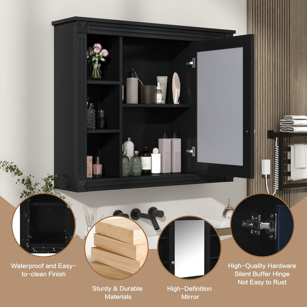 English Elm 35'' Modern Wall Medicine Cabinet with Mirror, Black MDF Storage, Soft-Close Hinges, Towel Rod, Adjustable Shelves N710P197128B