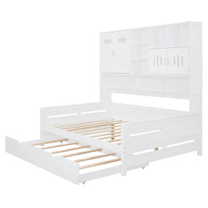 English Elm Full Size Wooden Daybed With Twin Trundle, Integrated Storage Cabinet & Stylish White Finish N820S00027K