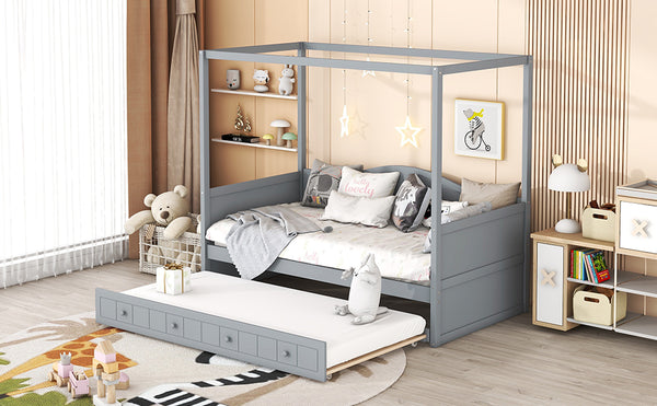 English Elm Twin Canopy Daybed with Pull Out Trundle Pinewood Frame for Kids or Guest Rooms N708P373423E