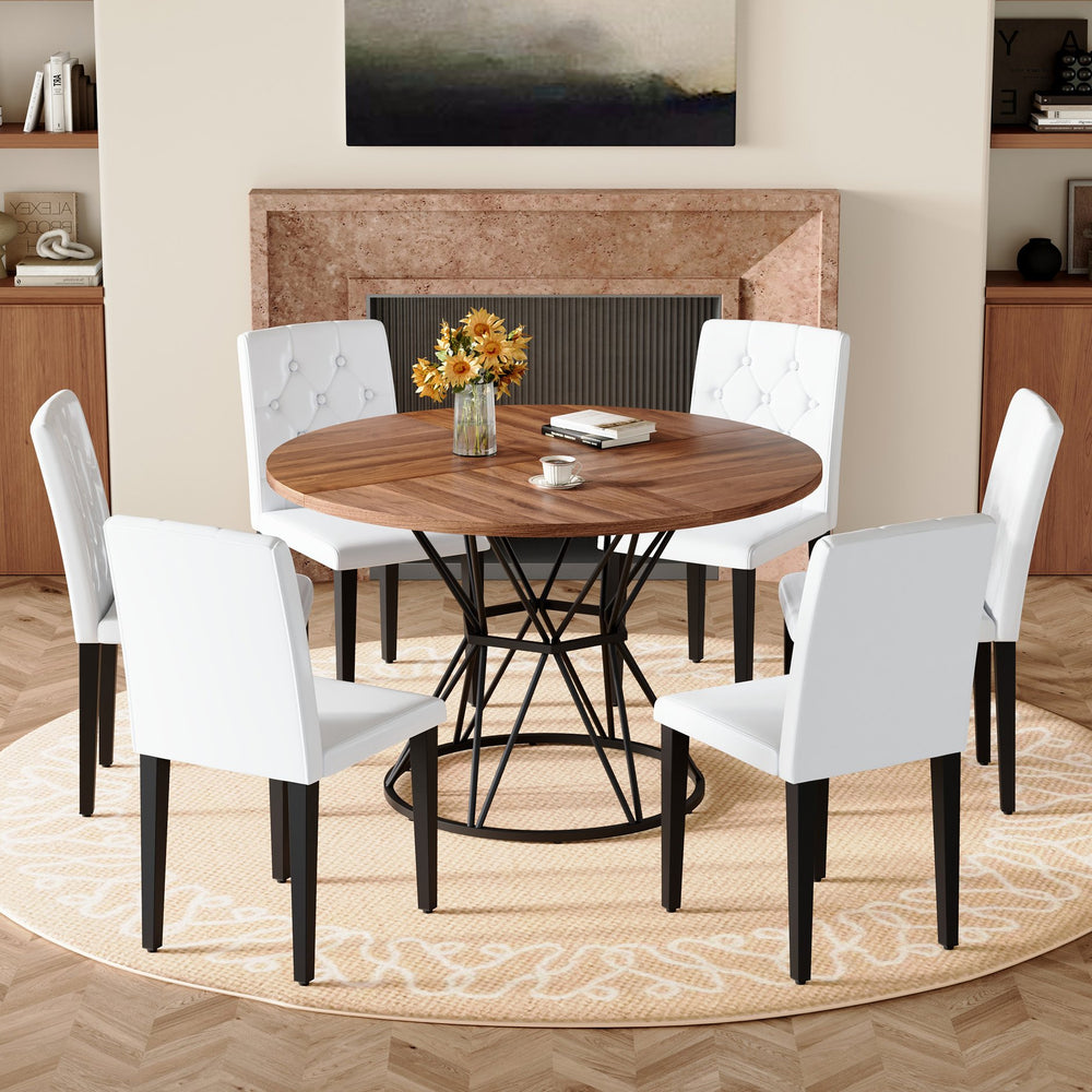 English Elm Table Set Walnut Round Dining for 6 with White Pu Chairs and Matte Black Metal Base W1151S04850