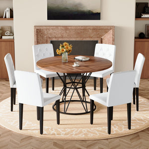 English Elm Table Set Walnut Round Dining for 6 with White Pu Chairs and Matte Black Metal Base W1151S04850