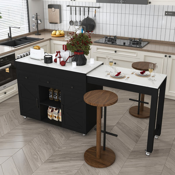 English Elm 74.8" Rolling Kitchen Island Extendable Marble Veneer Top with Power Outlet and Storage W2700S00106
