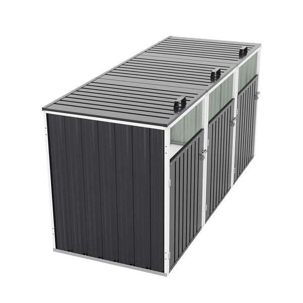 English Elm Garbage Bin Shed Galvanized Steel Enclosure Fits Three Cans with Lockable Waterproof Lid Dark Gray W1598P357716