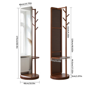 English Elm 70"x19"full Length Swivel Floor Mirror with Coat Hooks Rubberwood Frame Bedroom Entryway W5368P460447