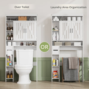 English Elm Vividwood Farmhouse Bathroom Tower Cabinet Sliding Barn Doors Six Shelves White T5618P505967