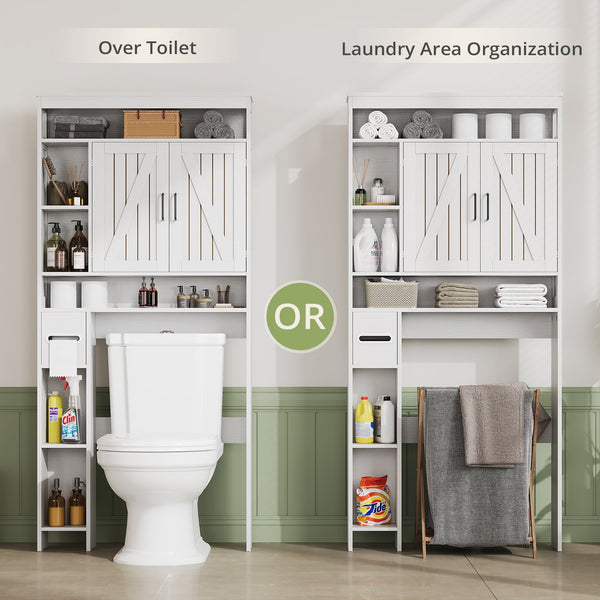 English Elm Vividwood Farmhouse Bathroom Tower Cabinet Sliding Barn Doors Six Shelves White T5618P505967