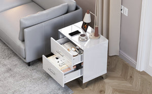 English Elm High Gloss Mirrored 2 Drawer Nightstand Slim Metal Legs Modern Bedroom Side Table White W5271P416521
