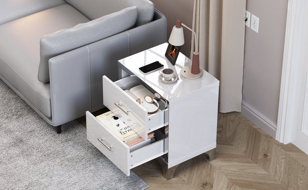 English Elm High Gloss Mirrored 2 Drawer Nightstand Slim Metal Legs Modern Bedroom Side Table White W5271P416521