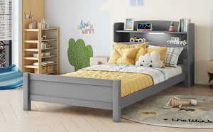 English Elm Twin Pine Wood Bed with Bookcase Headboard LED Motion Sensor Light Guardrails Ample Storage Space Grey W504P277595