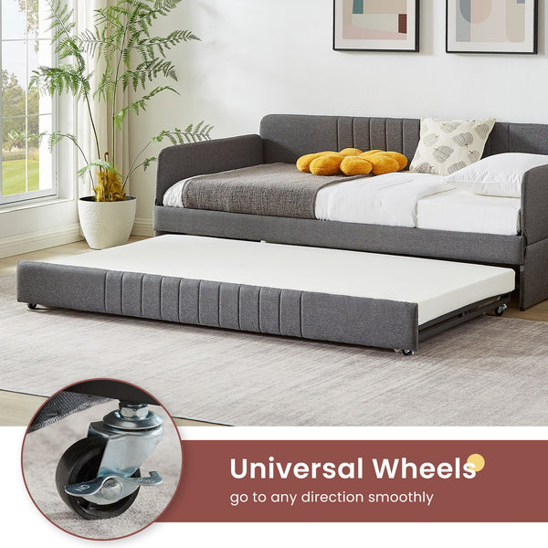 English Elm Daybed, Grey Metal Framed Sofa Bed with Twin Trundle, Durable Iron Frame, 6"-8" Mattress Fit, 78.4" W1162P214581