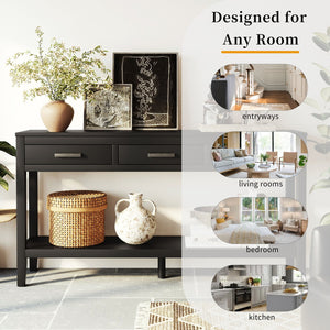 English Elm U_style Farmhouse Console Table with Three Drawers Open Shelf Entryway Organizer Black N711P410445B