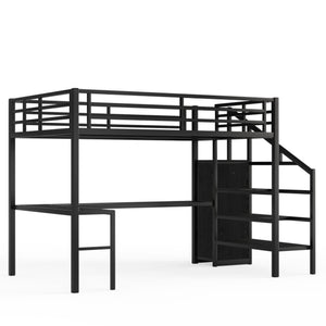 English Elm Twin Xl Metal Loft Bed with Stair Storage Shelves Sturdy Steel Frame for Dorms W1580S00063