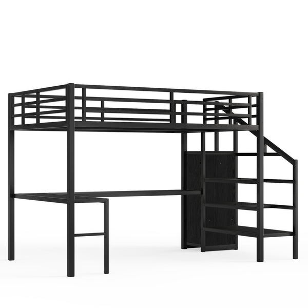English Elm Twin Xl Metal Loft Bed with Stair Storage Shelves Sturdy Steel Frame for Dorms W1580S00063
