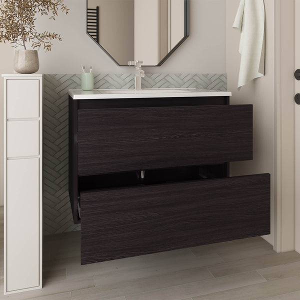 English Elm Bathroom Vanity with Sink Engineered Wood, Single Drawer Storage, Compact Modern Minimalist Design Black 36.22 L x 22.83 W x 13.39 H B097P350334