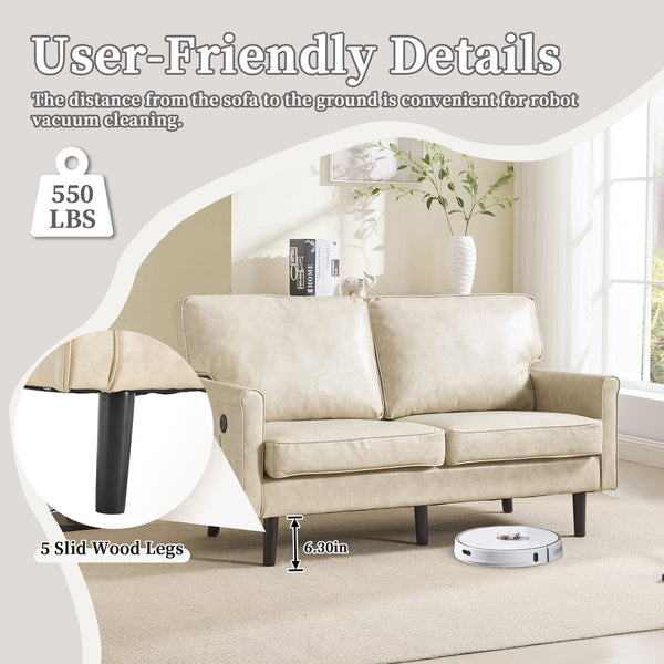 English Elm Loveseat Mid Century Modern Two-Seater Sofa with USB Type-C Charging, Removable Zipper Covers, Durable Wood Legs Camel W395P238822
