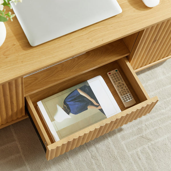 English Elm 46.5"modern oval coffee table with drawers, hidden compartments & wavy woodgrain top for stylish storage Natural W1162P339120