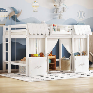 English Elm Full Loft Bed With Bookshelf & Storage - Amusement Park Design, Safety Guardrails, Cozy White Finish W1580S00358