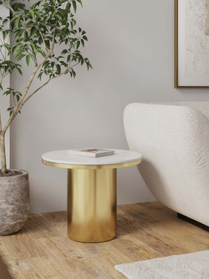 English Elm Glenn Gold Sintered Stone Top End Table – 19.7" Round Top, Modern Gold Stainless Steel Base, Elegant Decor B365S00102
