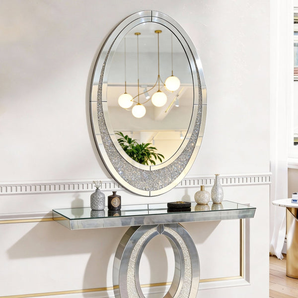 English Elm Oval Frameless Wall Mirror with Crushed Crystal Inlay Glam Silver Accent Decor W3836P427781