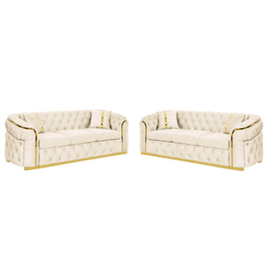 English Elm 2pcs Italian Velvet Chesterfield Sofa Set Tufted Three Seater with Gold Steel Legs Beige W1191S00068