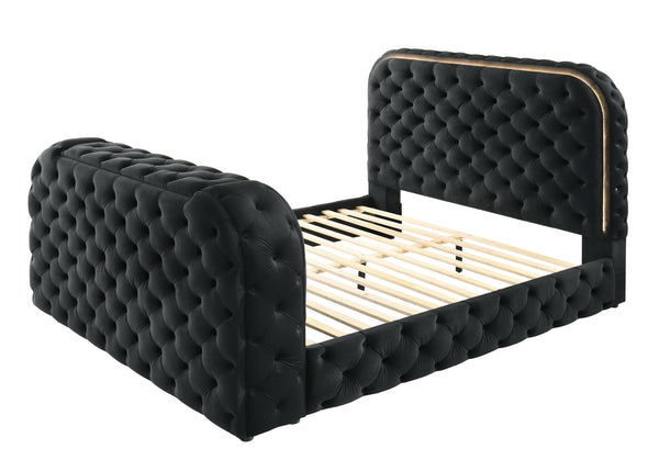 English Elm Black Velvet Tufted Queen Bed with Led Lighting Fireplace and Motorized Tv Lift B2756S00009