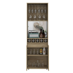 English Elm Redding Floor Bar Cabinet with Wine Cubbies Glass Rack and Open Display Shelves B128S00156