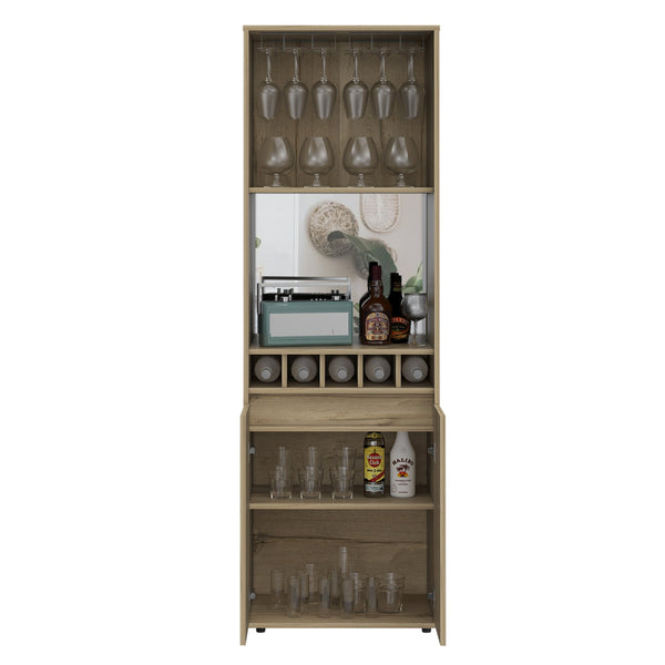English Elm Redding Floor Bar Cabinet with Wine Cubbies Glass Rack and Open Display Shelves B128S00156